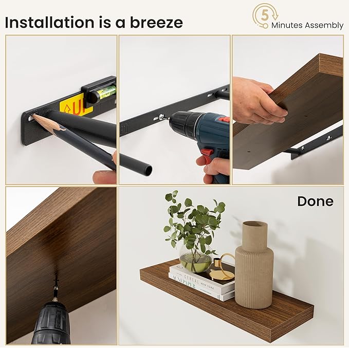 Fun Memories Floating Shelves for Wall, 48 Inch Long Set of 2 Rustic Wood Wall