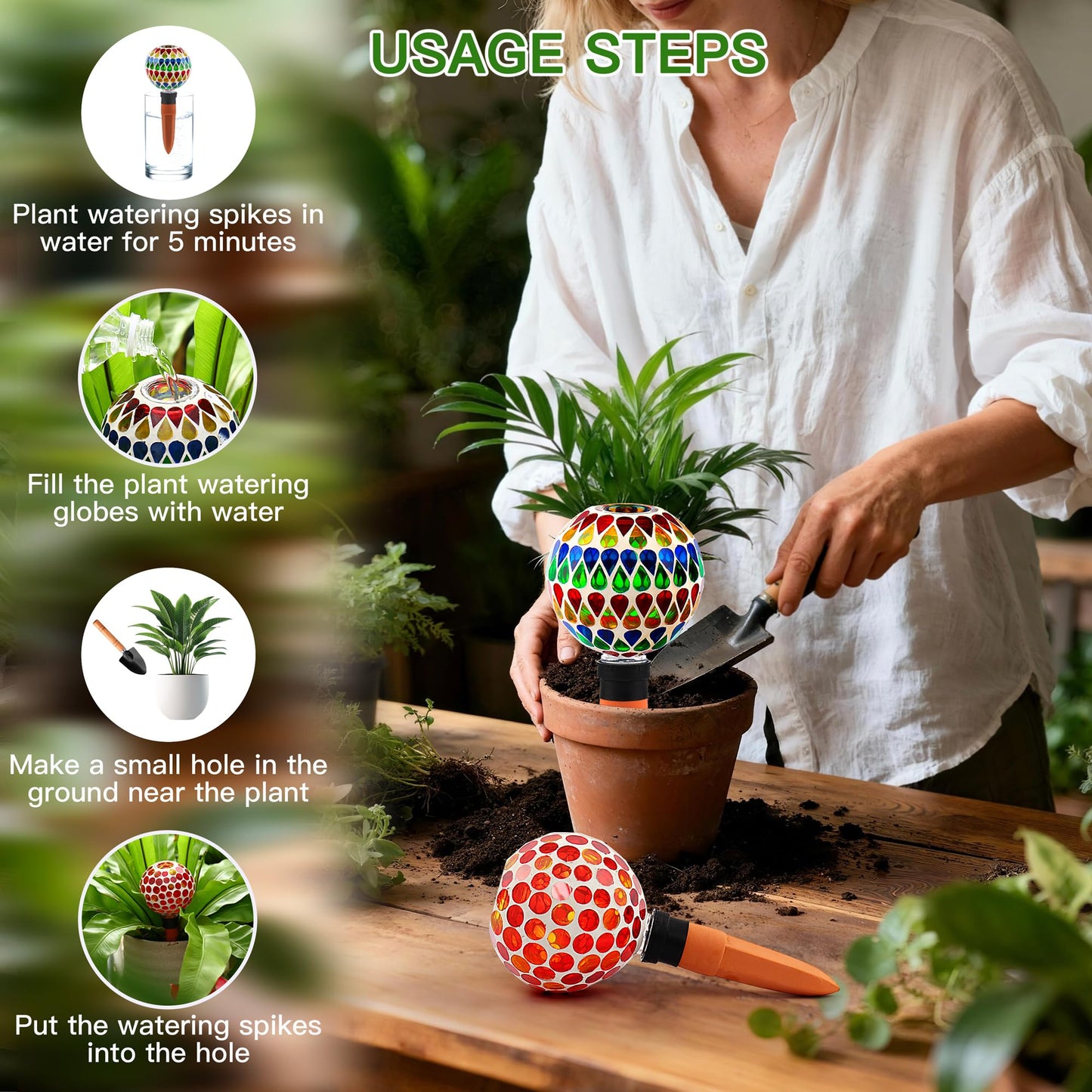 SAVENNA Mosaic Plant Watering Globes with Terracotta Spikes, 17oz Glass Self Watering Globes for Indoor & Outdoor Potted Plants, Decorative Water Drippers, Set of 2