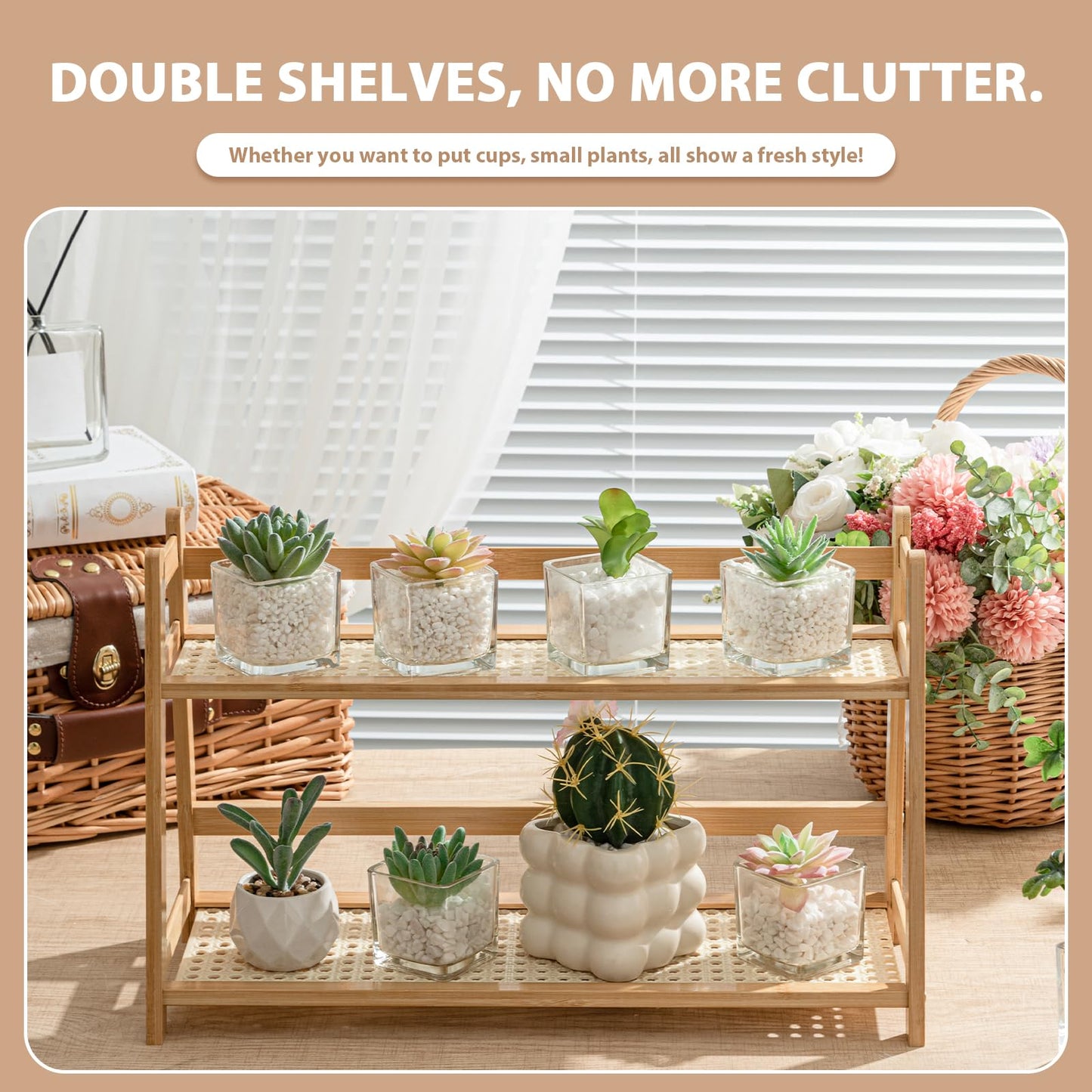Yalikop 2 Pcs 17.7 Inch 2 Tier Matcha Station Shelf Bamboo Coffee Mug Stand Countertop Storage Rack, Double Layer Rattan Office Cup, Kitchen, Tea, Plant, Bar Accessories Condiment Display (Wood)