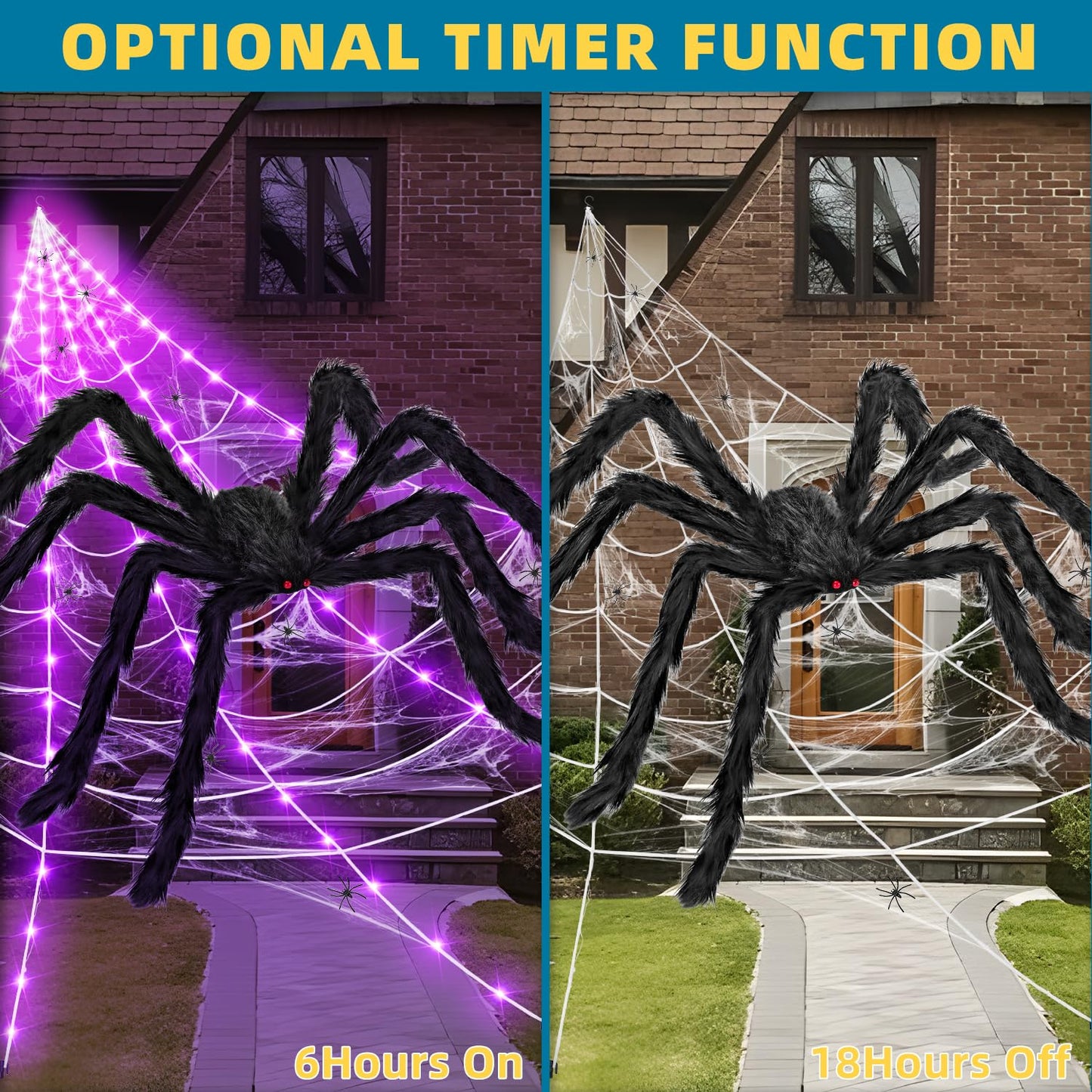 ININ 200" Halloween Light Up Spider Web with 250 LED Lights,Halloween Decorations Outdoor/Indoor,Scary Party Decorations with 59" Giant Spider & 20g Stretch Cobweb,for Yard/Lawn/Garden(Purple)