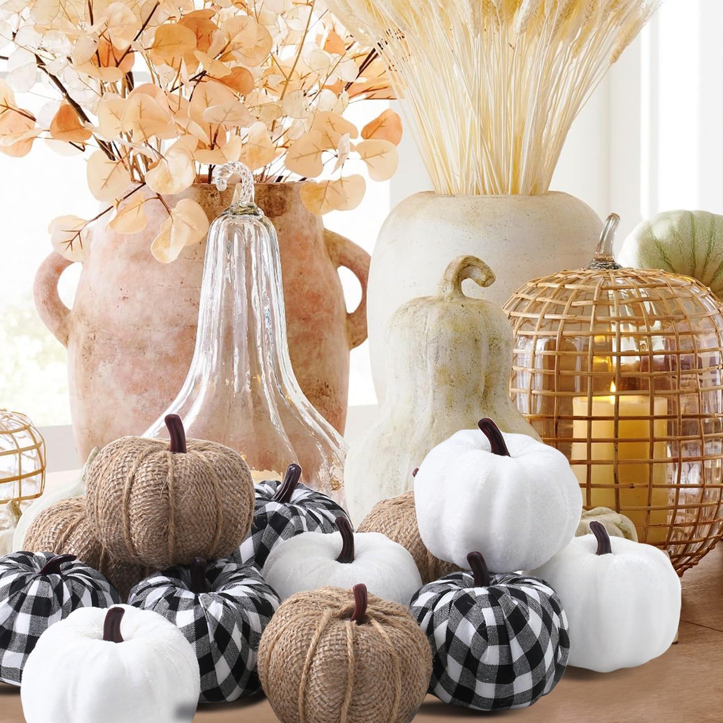 SITUMEIZI 12 Pcs Pumpkins Fake Harvest Velvet Pumpkin White Black Small Faux Fabric Foam Pumpkin for Fall Decor Wedding Thanksgiving Halloween Home Farmhouse Decoration(Burlap)