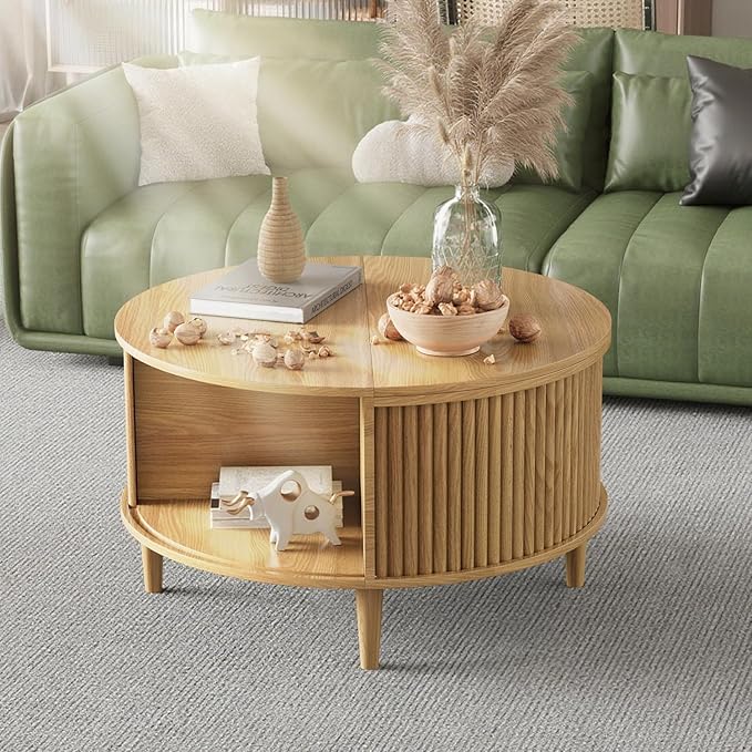 Round Coffee Table with Storage, Fluted Lift Top Coffee Table