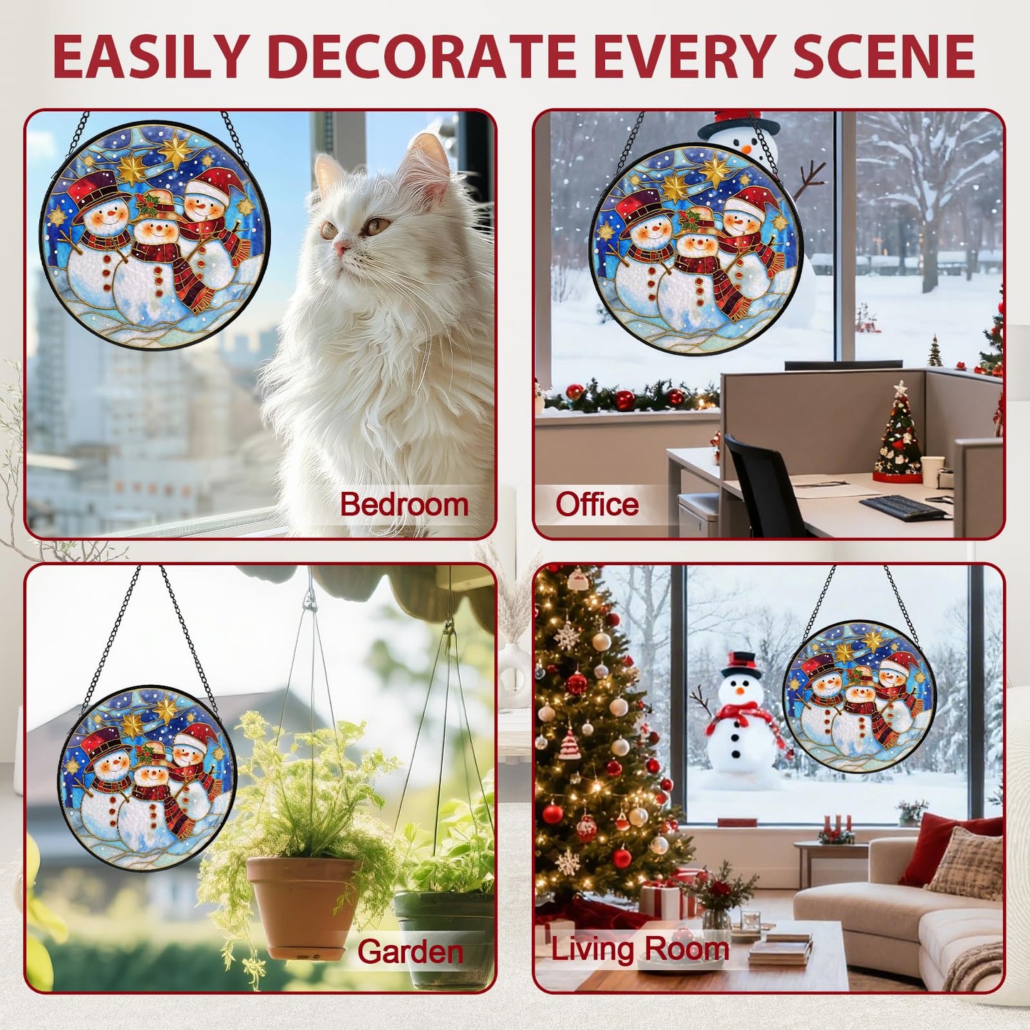 Christmas Decorations Stained Glass Window Hanging, Snowman Suncatcher for Window Hanging, Sun Catchers Indoor Windows Wall Art for Mom Grandma, Christmas Decor or Home Garden Office 7.87 inches