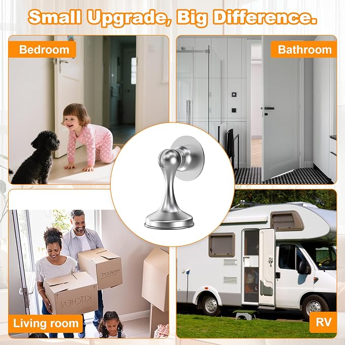Crosize Magnetic Door Stoppers 4 Pack, Stainless Steel Door Stops for Wall and Floor Mounting, Door Holder Keep Door Open, No Drilling Door Stop with Adhesive Tapes, Silver