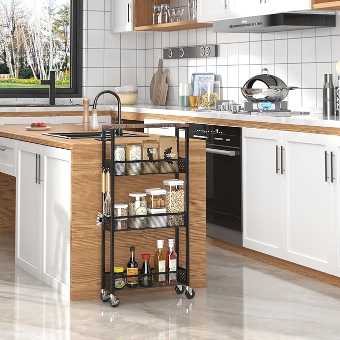XYZLVSI Slim Storage Cart 4 Tier Narrow Kitchen Rolling Cart on Wheels