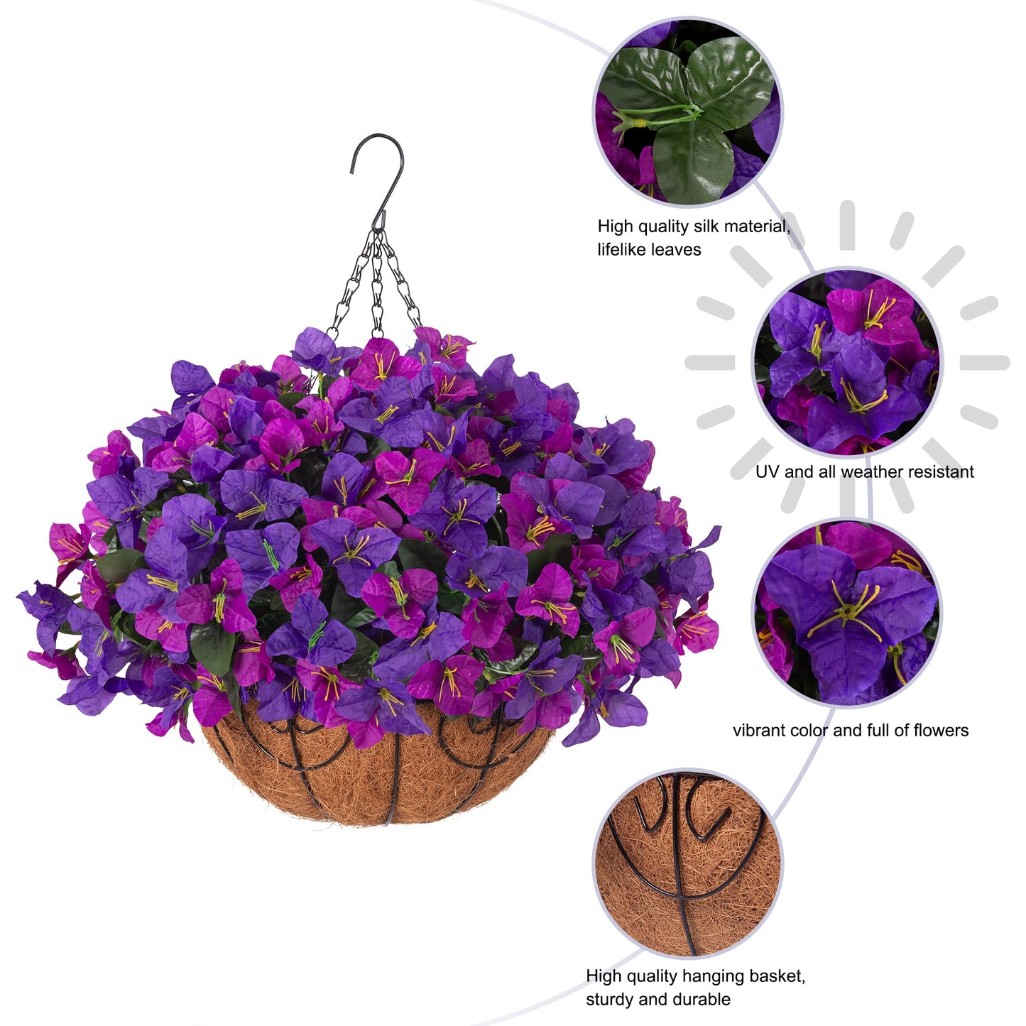Artificial Hanging Flowers Plant with Basket for Outdoors Spring Decor, Fake Hanging Plants Faux Bougainvillea in Planter Look Real UV Resistant Silk Flowers for Outside Porch Patio Garden Home, Mix