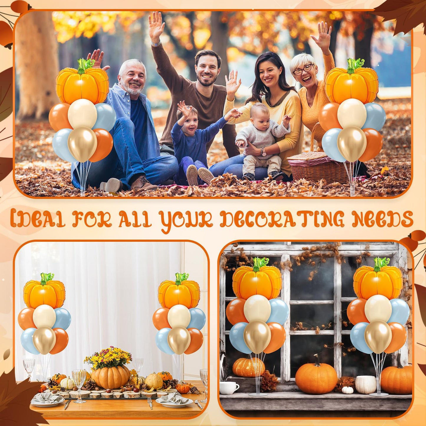 Seematn 2 Set Fall Balloon, Pumpkin Foil Balloons Stand Kit for Table Centerpiece for Baby Shower Thanksgiving Mid Autumn Birthday Wedding Party Decoration Beige, Gold, Burnt Orange, Blue
