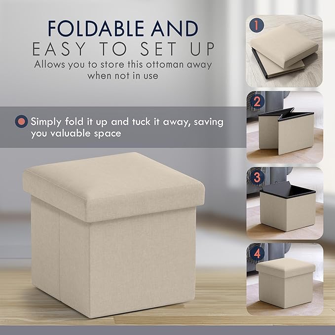 Ornavo Home Small Storage Ottoman Foldable Collapsible Cube Square Linen
