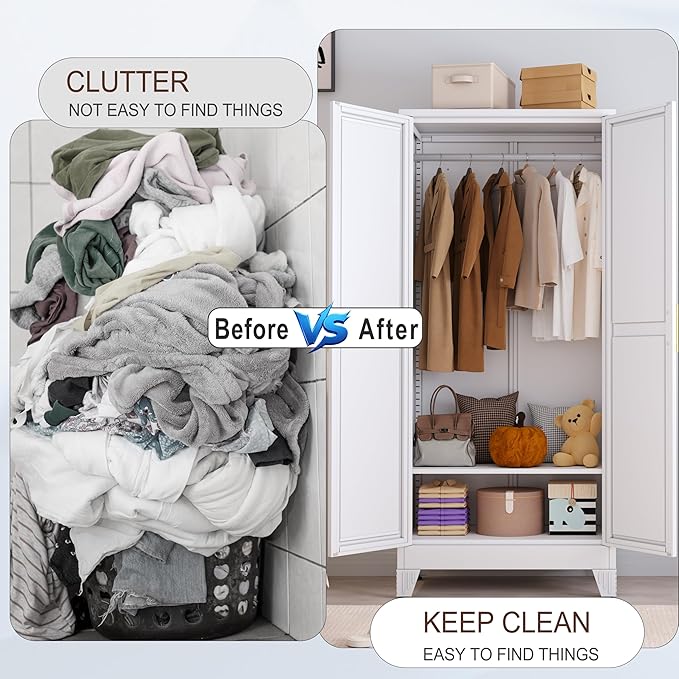 71" Metal Armoire Wardrobe Closet, Steel Clothing Storage Cabinet