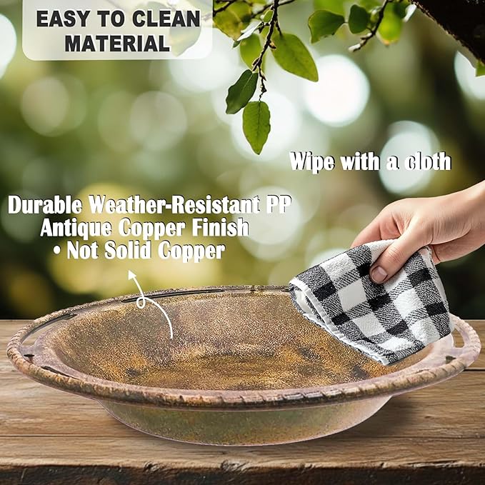 Hanging Bird Bath & Feeder Bowl, 12 in Outdoor Bird Bath with Chains, Durable Weather-Resistant PP, Antique Copper Finish, Backyard Garden Decor