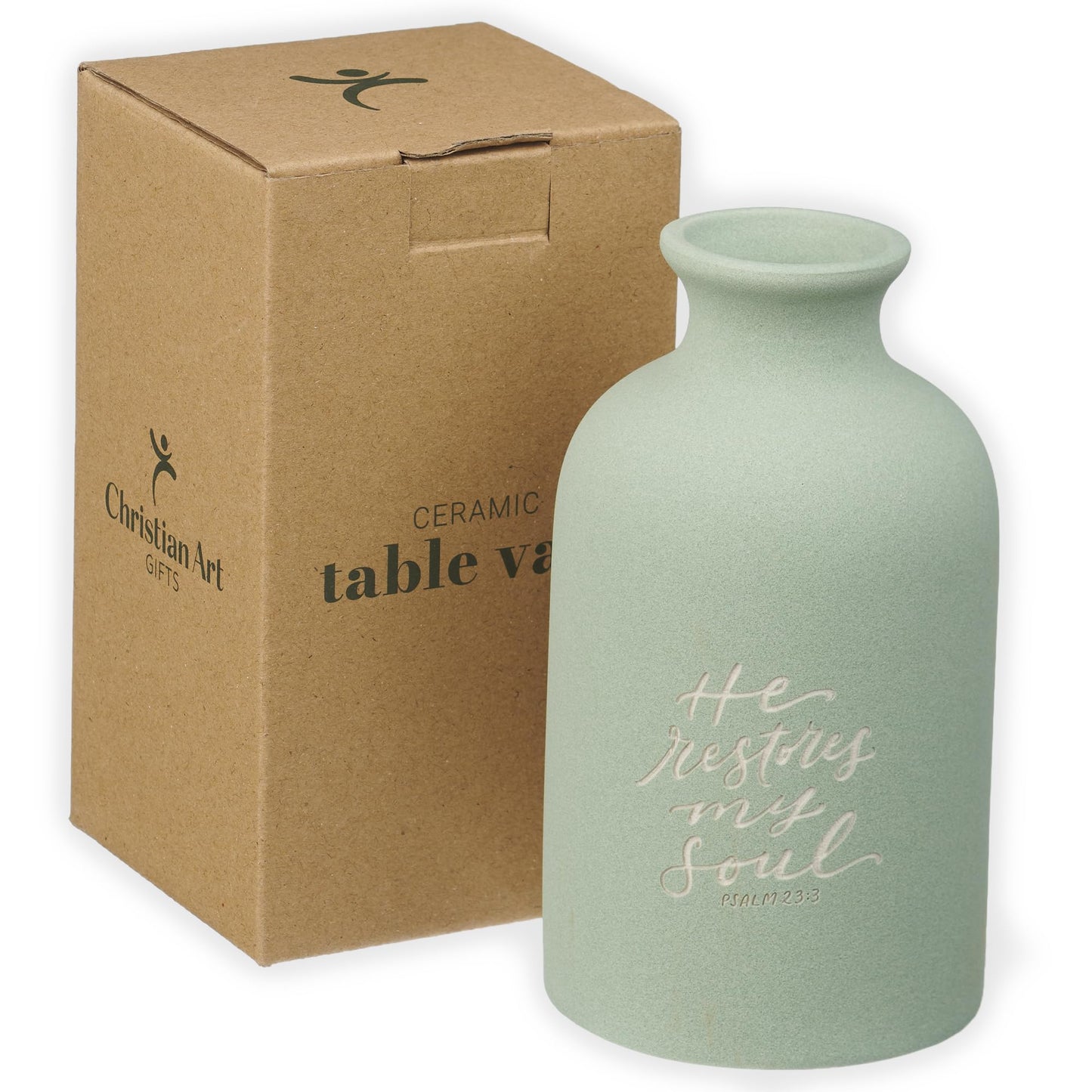 Christian Art Gifts Small Ceramic Scripture Table Vase for Flowers & Plants: He Restores My Soul Inspirational Bible Verse Home Décor, Kitchen, Bathroom, Living Room, Light Mint Green