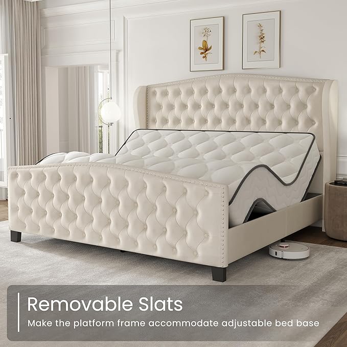 LARMACE King Size Bed Frame Velvet Upholstered Platform Bed