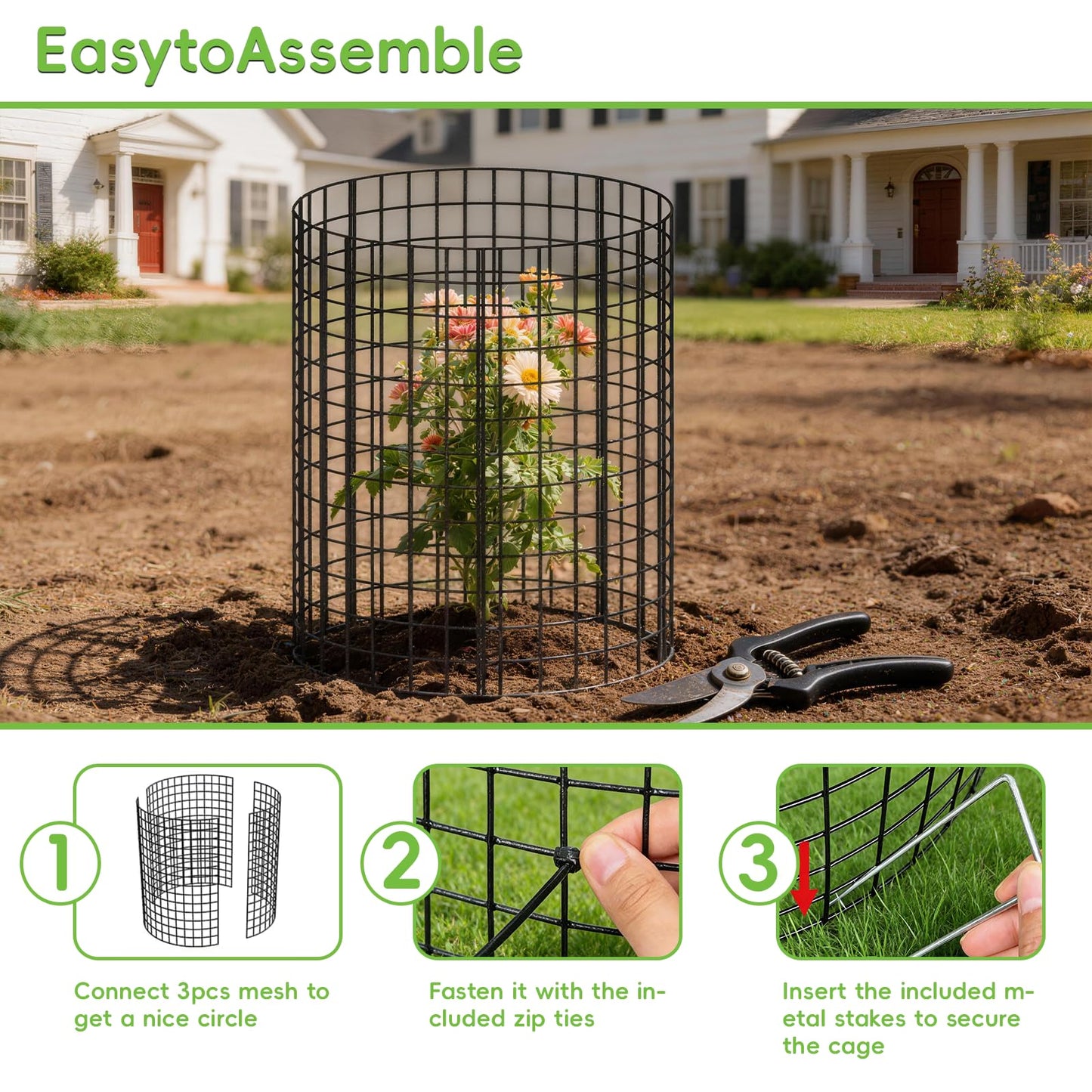 10 Packs Plant Protectors from Animals, 30Pcs 12"x 16" Large Metal Wire Mesh Garden Plant Cages for Outdoor Gardening, Chicken Wire Cloche Plant Cages for Rabbits with Zip Ties & Stakes(Black)