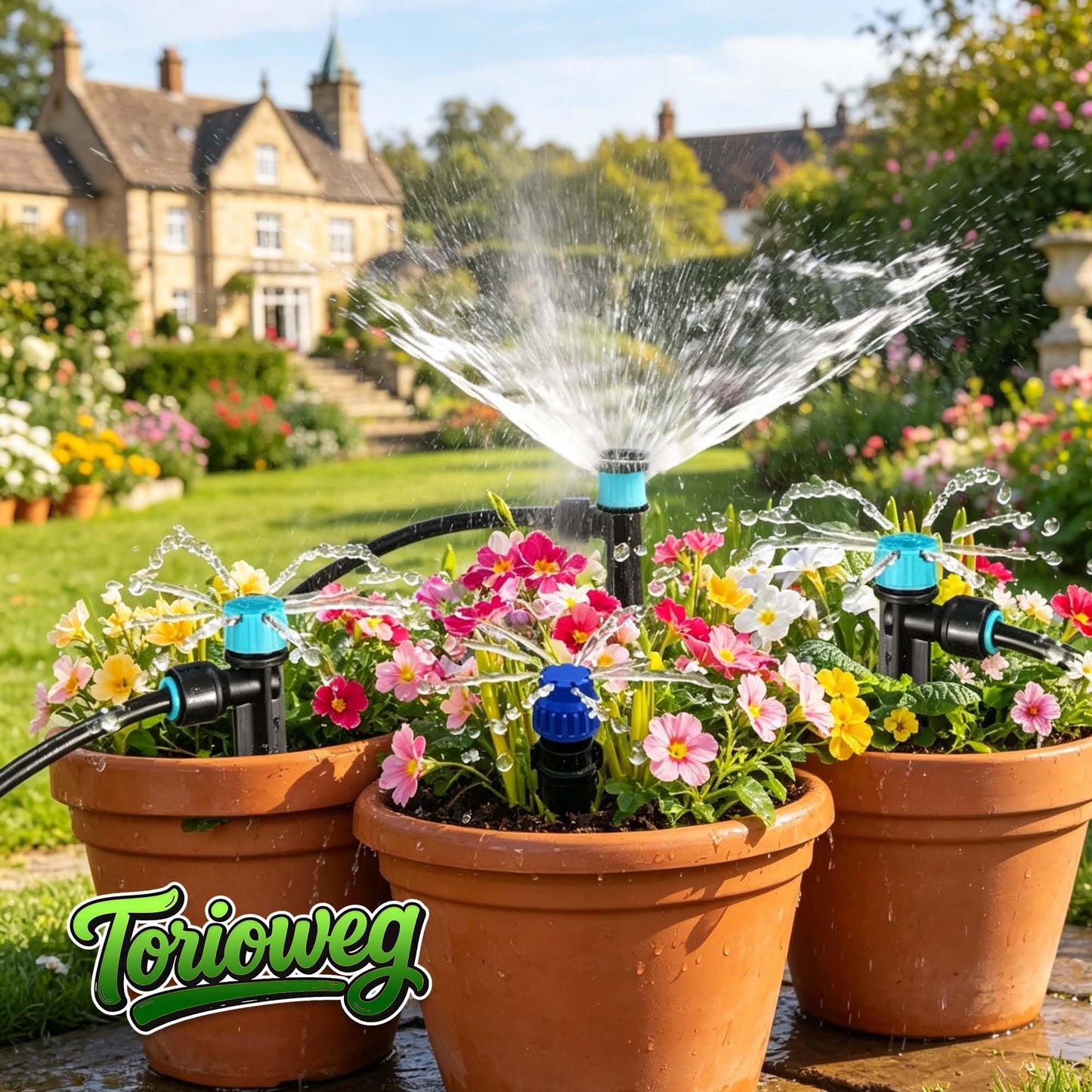 Torioweg Brass Connector Drip Irrigation System, Quick-Connect Garden Watering System Kit with Adjustable 360° Umbrella & Drip Emitters for Greenhouse, Garden Grid, Lawn, Potted Plant (15FT+ 78FT)