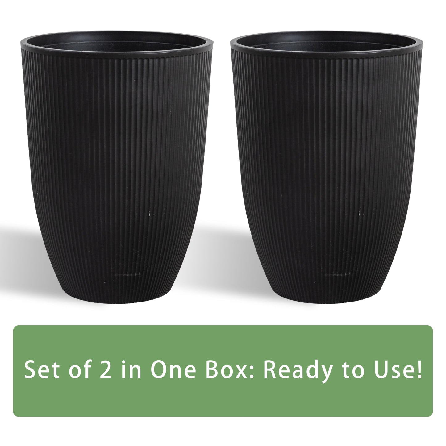 Casaphoria 2-Pack 23" Tall Planters for Outdoor Plants, 17" Large Plastic Flower Pots with Drainage, Lightweight Antique Shape Planters for Front Porch, Patio, Deck (Black)