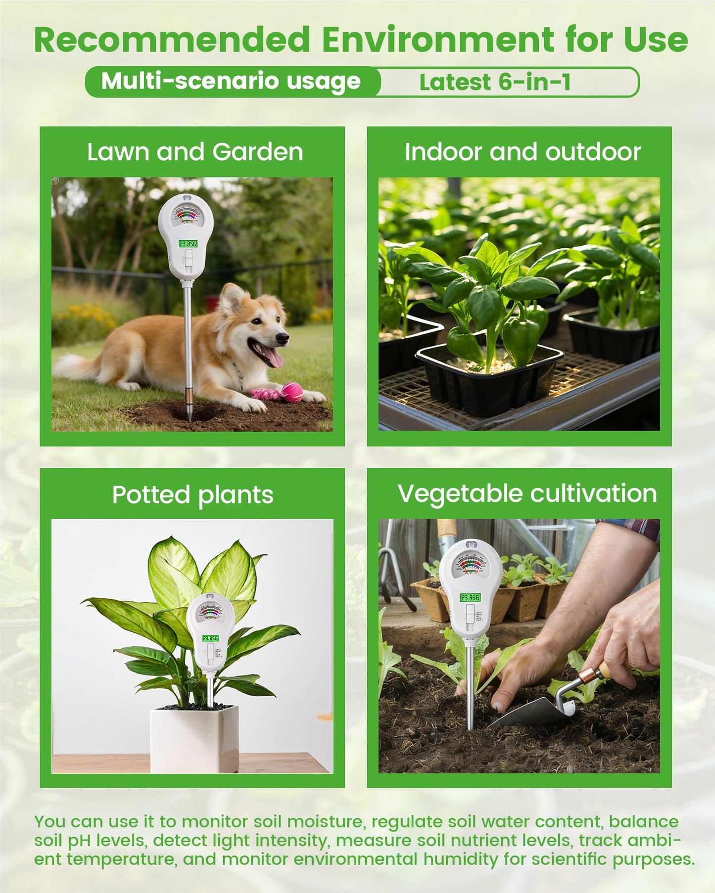 Vlantro 6-in-1 Soil Moisture Meter with 3 Probes, PH/Sunlight/Soil Moisture/Fertility with 3 Removable Probe, Digital Air Temp/Humidity, Soil Tester for Garden, Lawn, Indoor and Outdoor Plants
