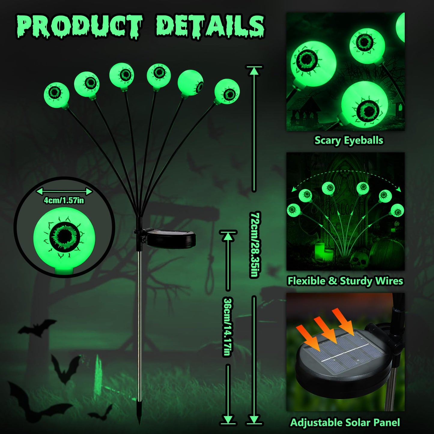 BrizLabs Solar Halloween Lights, 2 Pack 12 LED 2 Modes Halloween Eyeball Lights, Outdoor Pathway Light, Swaying Eye Firefly Walkway Lighting, Green Solar Lighting for Path Yard Garden Lawn