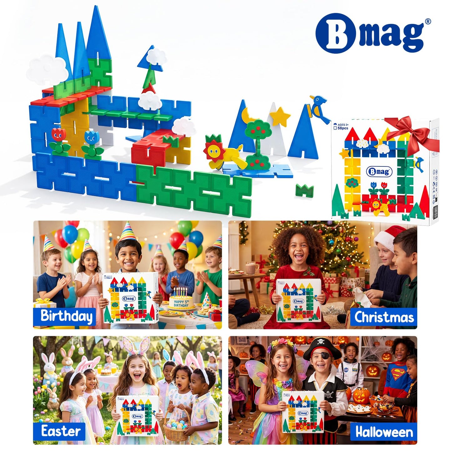 Bmag Magnetic Tiles 58PCS,Groove Interlocking Design Magnet Building Blocks with Lion, Sun,Cloud & Grass,STEM Toys for Toddlers 3+, Preschool Learning Gift for Boys & Girls