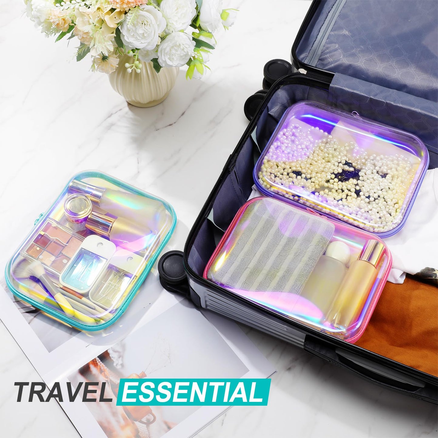 Hoolerry 3 Pcs Clear Hard Zipper Case Hard Plastic Zipper Pouch Makeup Bag Portable Travel Organizer for Cosmetics, Office Supplies, Documents & Toiletries(Laser,M)