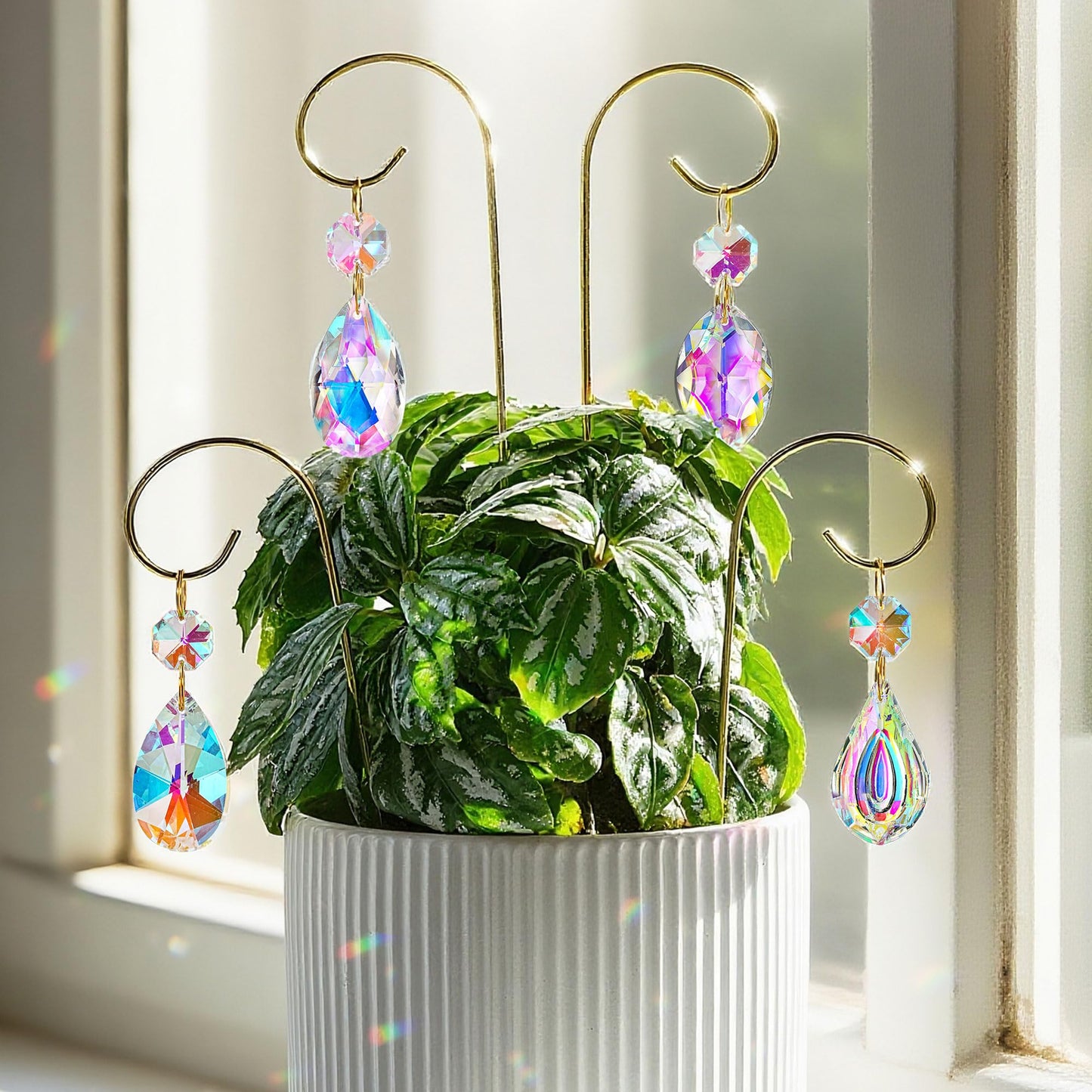 HDCRYSTALGIFTS 4PCS Small Trellis for Mini Potted Plants Indoor Decorations with Crystal Prisms Sun Catchers, 7.5inch Metal Plant Stakes Suncatchers for Fairy Garden Rainbow Crystals