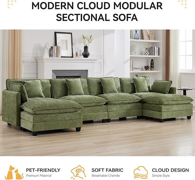 147'' Sectional Cloud Deep Seat Couch, Oversized Chenille U Shaped Sectional