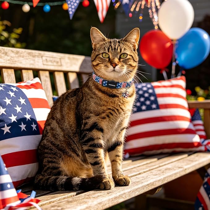 2 Pack Independence Cat Collars,Pink American Flag Cat Collar with Bell Breakaway Adjustable for 4th of July Independence Day,Adjustable Kitten Collar 7-12 Inch