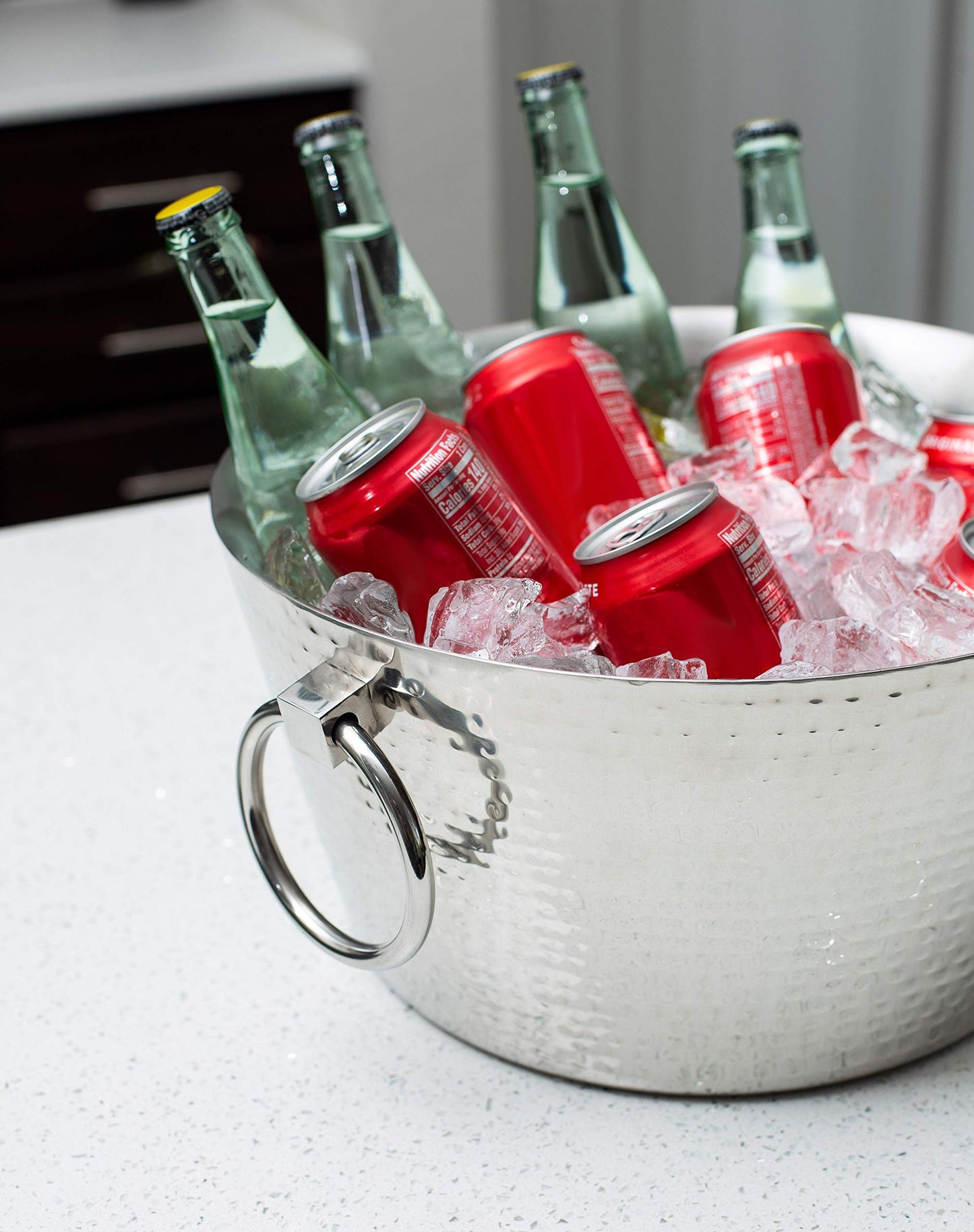 BIRDROCK HOME Hammered Stainless Steel Round Beverage Tub with Handles - Double Wall Insulated 3 Gallons - Metal Drink Cooler & Ice Bucket for Parties - Outdoor Aluminum Holder for Bottles & Soda