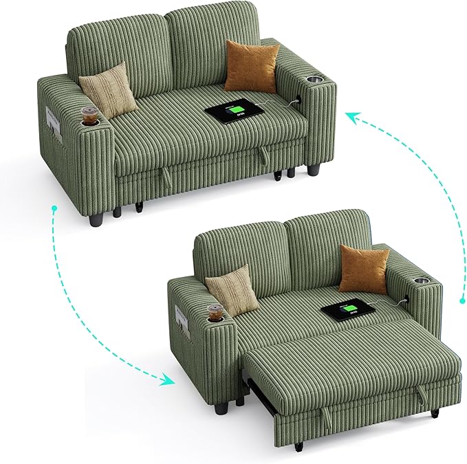LINSY HOME Loveseat Sofa with Pull Out Couch Chaise: 2-in-1 Convertible 2