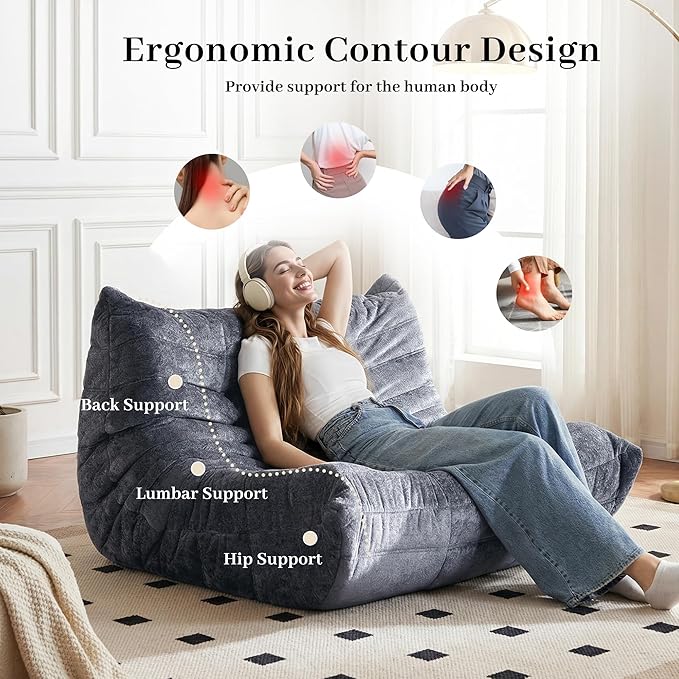 Bean Bag Chair, 2 Seater Lazy Bean Bag Sofa Memory Foam Couch, Giant Bean Bag