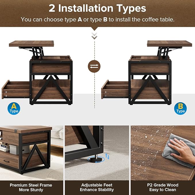 Memobarco 40" Lift Top Coffee Table, 4 in 1 Multi-Function Lift Coffee Tables