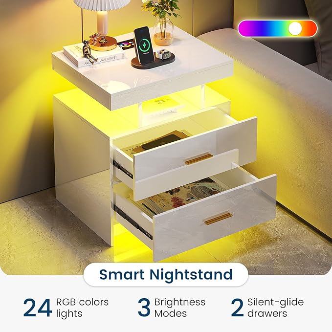 HNEBC Nightstand Set of 2 with Charging Station, Auto LED Night Stand with