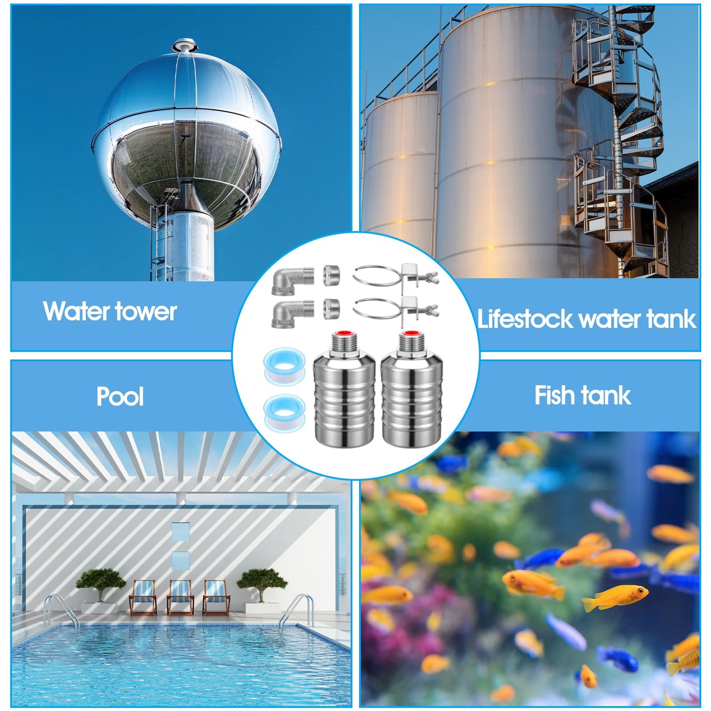 2 Pack Water Float Valve 1/2" to 3/4'' Auto Shut off Water Tank Float Valve 304 Stainless Steel Fully Automatic Level Control for Pool, Livestock Troughs