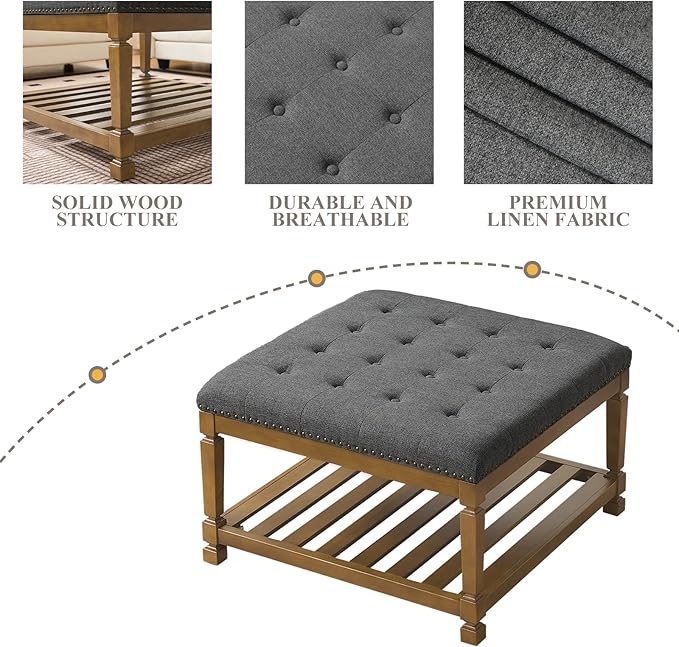 Befurtori Large Square Ottoman Coffee Table, Linen Solid Upholstered Footrest