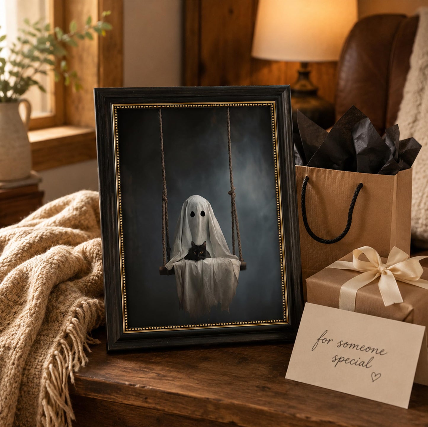 Vbaourut Framed Halloween Black Cat Wall Art, Moody Ghost on Swing Canvas Painting, Spooky Feline Poster with Dark Brown Frame and Upgraded Hook and Loop for bedroom,Study, 9x11 in