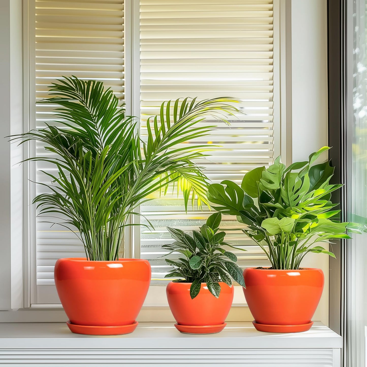 EPFamily Ceramic Planter - 10 Inch 8 Inch 6 Inch Plant Pot with Drainage Holes and Saucers, Round Planters for Indoor Outdoor, Modern Flower Pots, House Garden Room Decor, Gardening Gifts, Orange