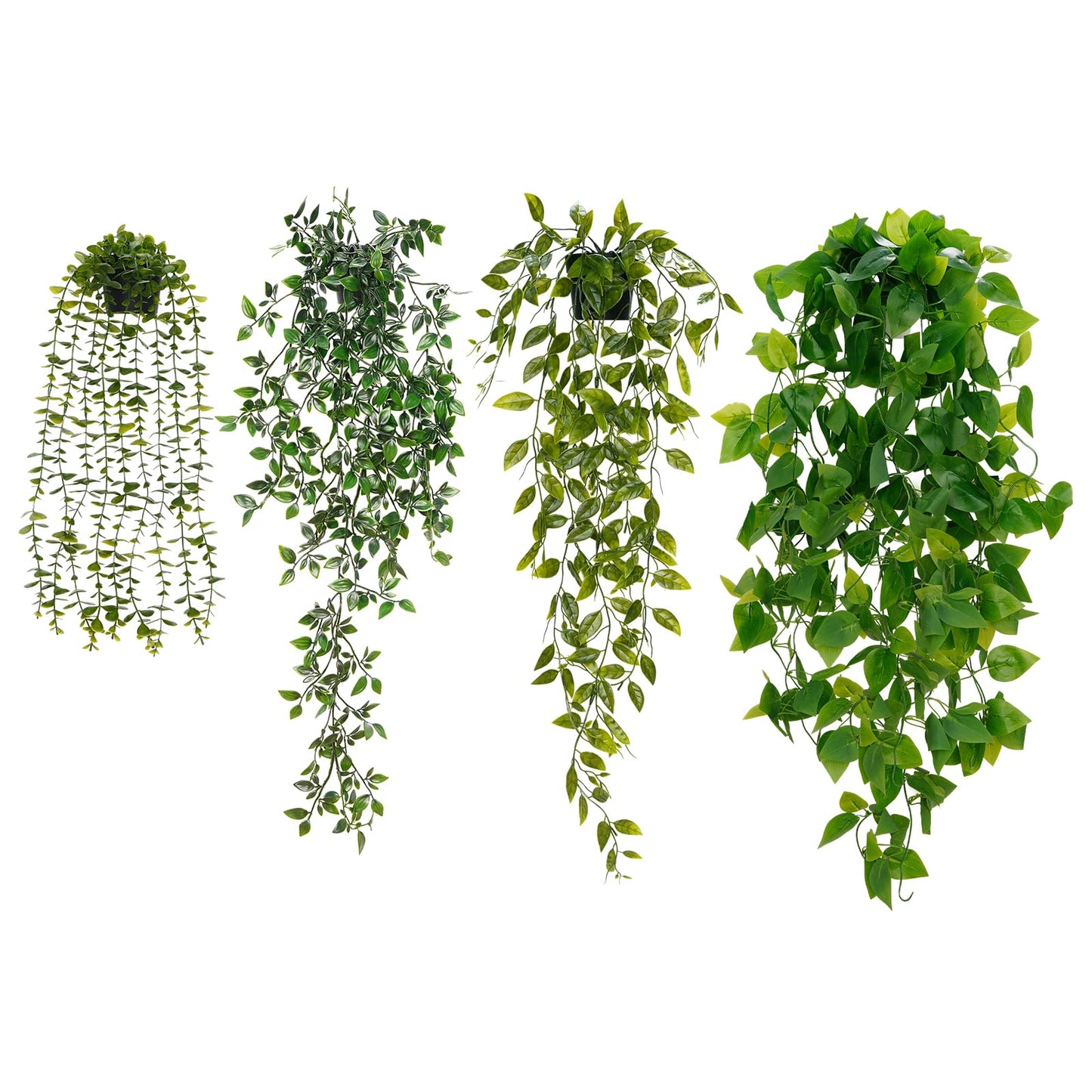 BLEUM CADE Fake Hanging Plants Mixed Set, 4pcs Artificial Hanging Plant, Faux Hanging Potted Plants Greenery for Wall Shelf Home Living Room Indoor Outdoor Decor