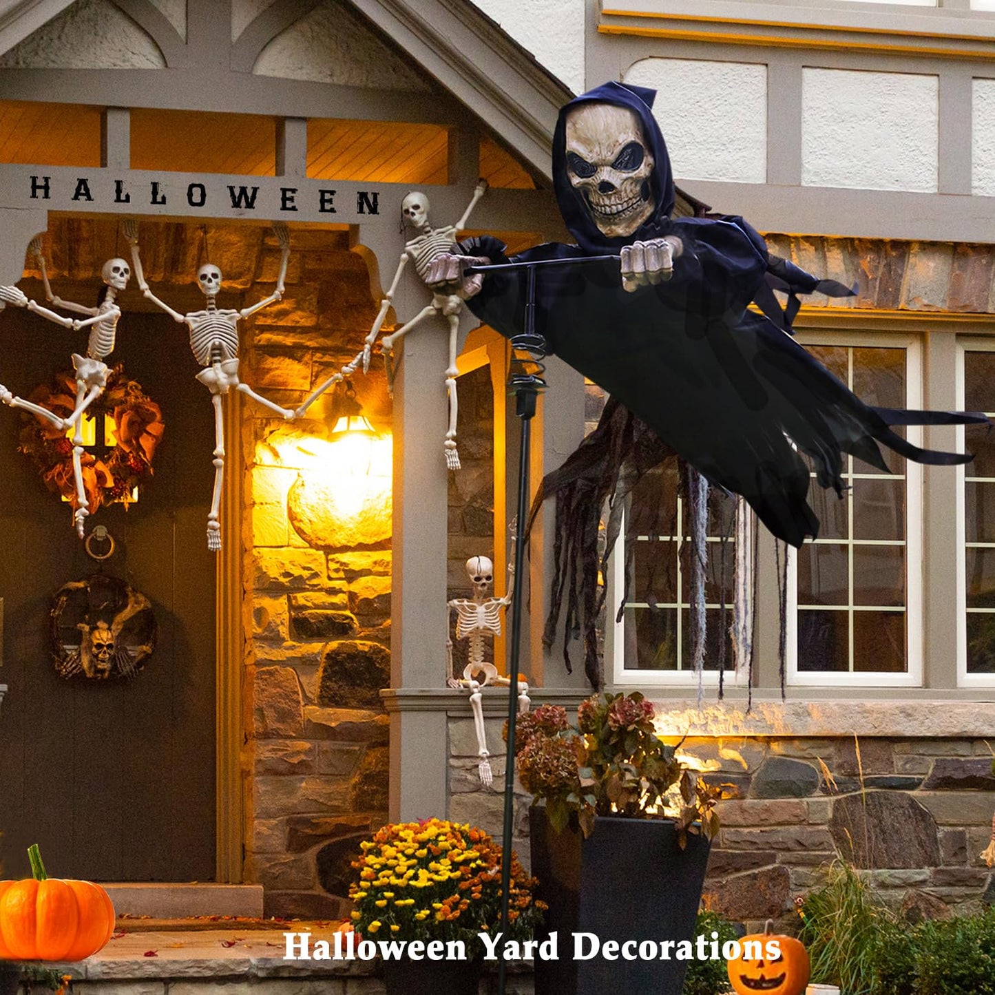 LarpGears Outdoor Halloween Skeleton Decorations, 7.8Ft Flying Rotated Skull Reaper Ghost Scarecrow Decorations for Garden, Porch, Yard