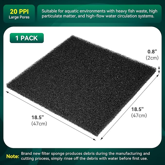 Borlech Aquarium Bio Filter Sponge Pad - Cut-to-Size Aquarium Filter Media for Fish Tank, Pond, Sump - Mechanical & Biological Filtration (18.5"x18.5"x0.8", 20PPI, 1 Pack)