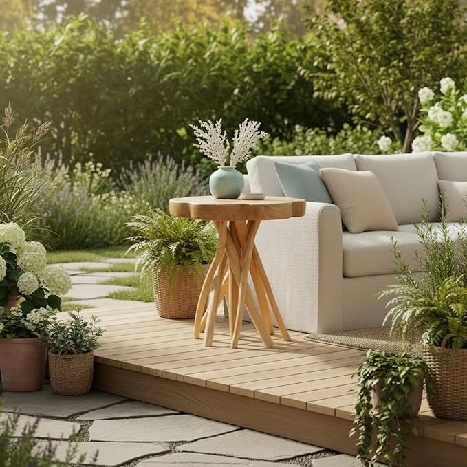 WELLAND Solid Teak Live Edge End Table, Small Accent Table, Plant Stand