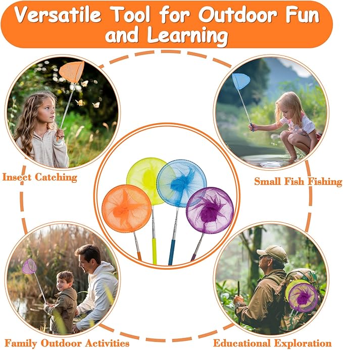 RAINFLOW Telescopic Butterfly Fishing Nets - Butterfly Catcher Catching Insect Net Colorful Outdoor Tools Catching Bugs Fish Insect Ladybird (Extendable 24 inches)