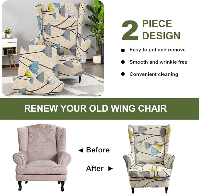 HAOYONG Printed Wingback Chair Covers 2 Pieces Wing Chair Slipcover High