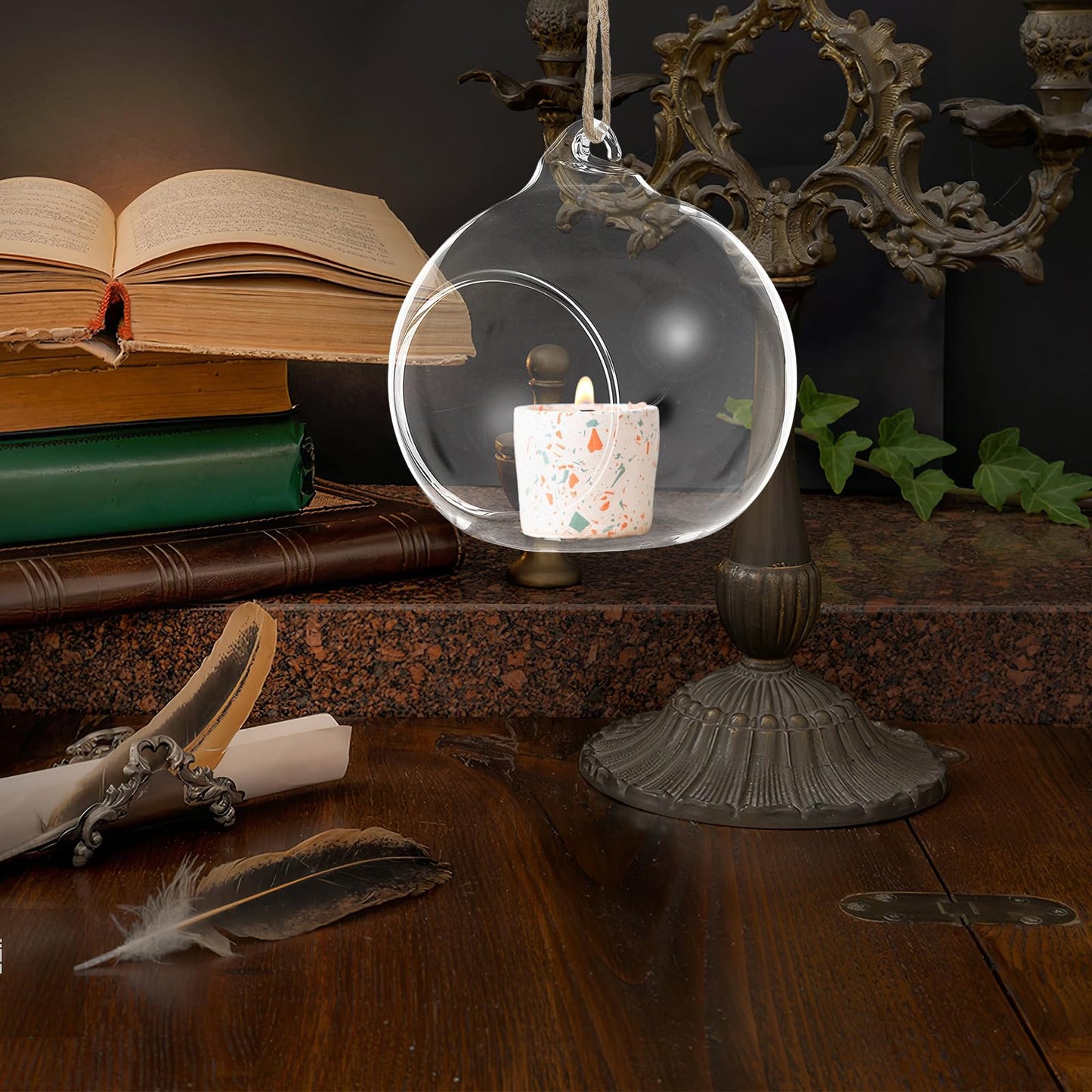 VICASKY 5pcs Hanging Glass Tealight Holders Sphere Ball Candle Holders with 8cm Opening and 1.2m Jute Rope for Indoor Home Décor and Plant Terrariums