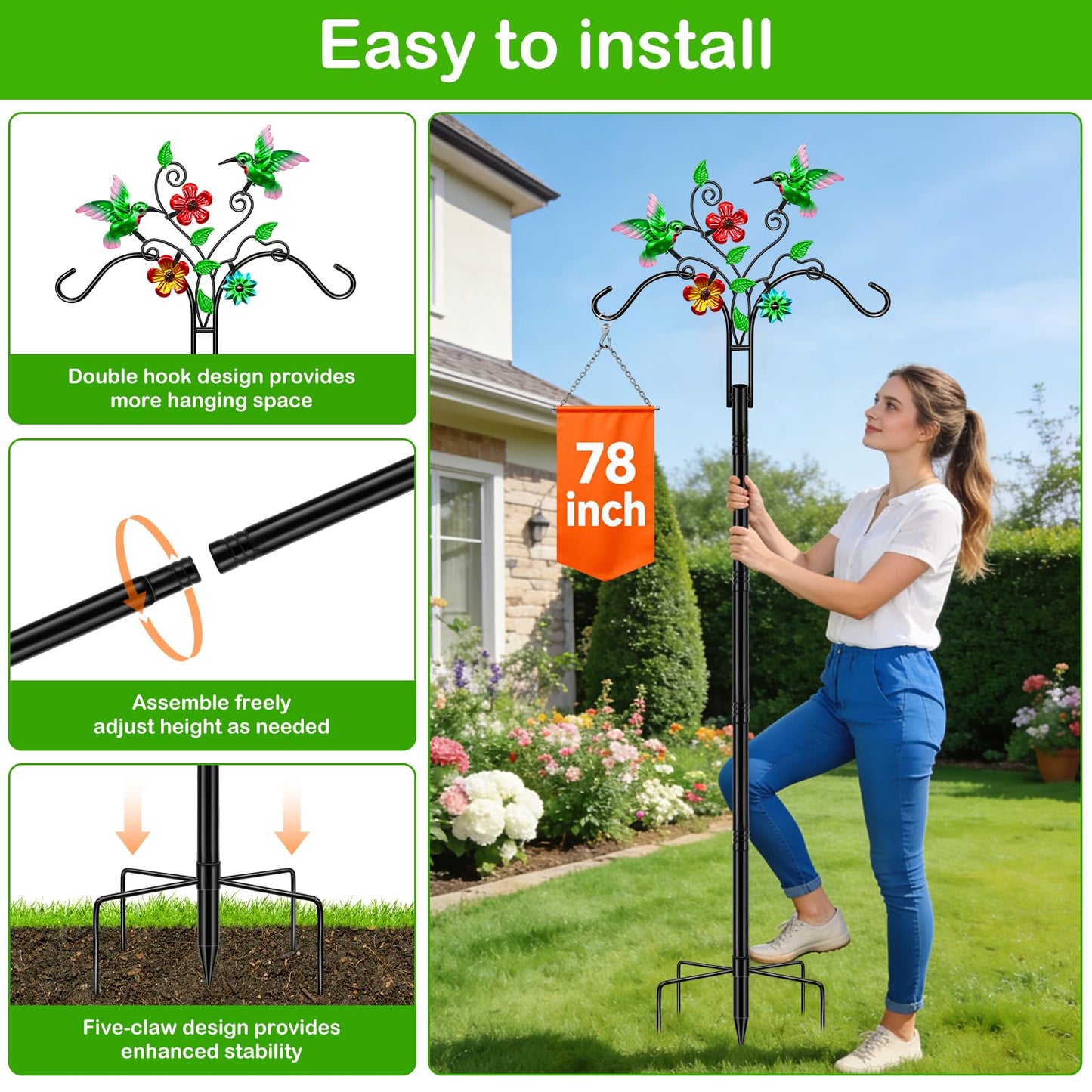 Double Shepherds Hooks for Outdoor, 2 Pack 78 Inch Bird Feeder Pole with 5 Prongs Base, Adjustable Heavy Duty Plant Hangers Hummingbird Art for Outdoor Plants Hummingbird Feeder Hanging Basket Lantern