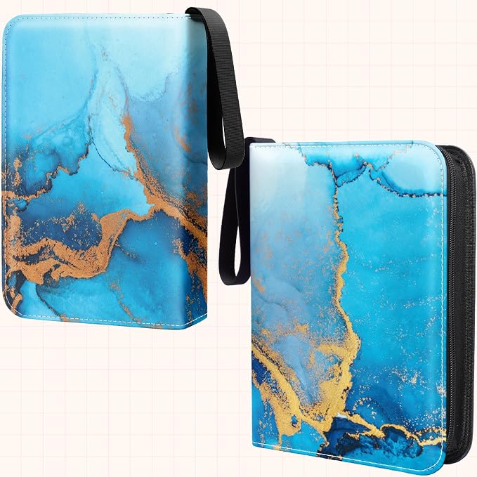 Card Binder 4 Pocket, 400 Pockets Card Holder Compatible with Game Cards Gift for Girls, Trading Card Binder Album Case Book Storage For Photocards, Small,Marble Blue