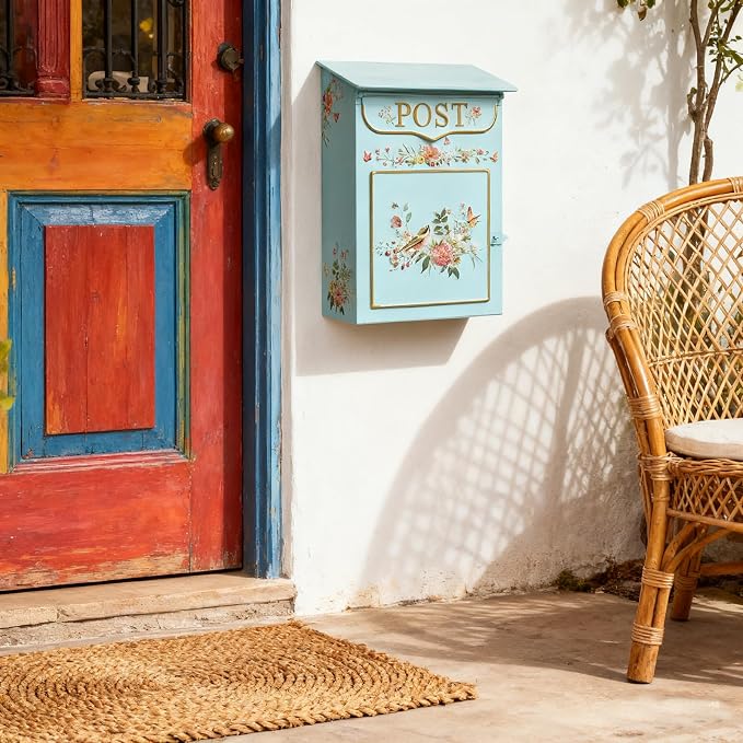 Mailbox Wall Mount Mailboxes for Outside Vintage Mail Boxes for House Outside Metal Drop Box Antique Style Nostalgic Charm Home Decorative, Flower Pattern Blue