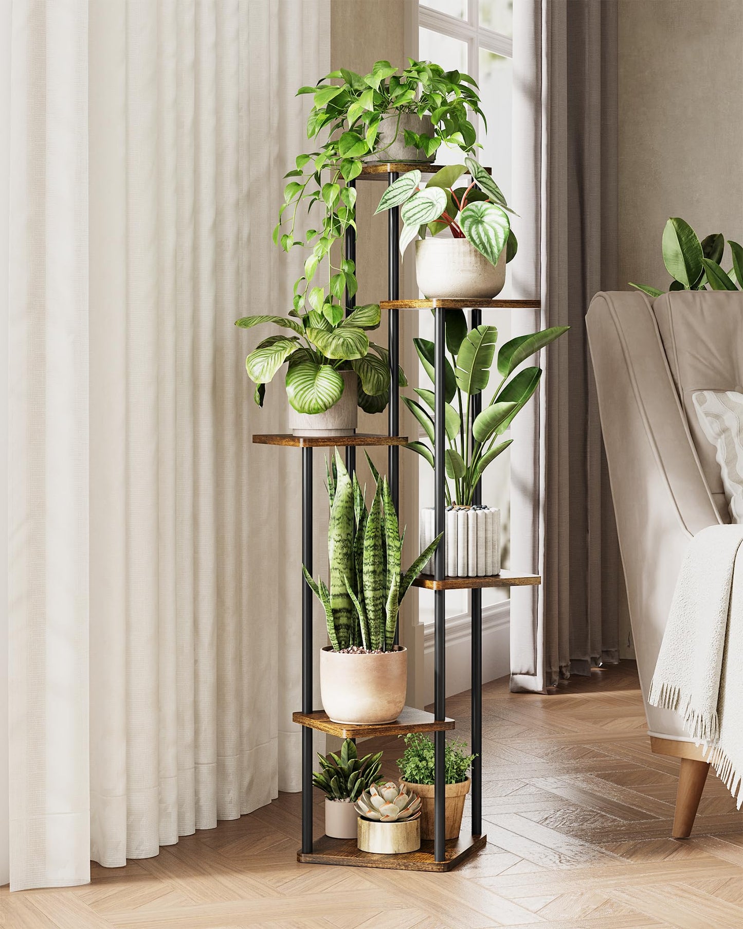 GENTINGBRO Corner Plant Stand Indoor 6 Tiered Tall Plant Stand Plant Shelf for Multiple Plants Coner Shelf Wood Plant Stands Metal Shelving for Living Room Bedroom Balcony Patio Brown Oak