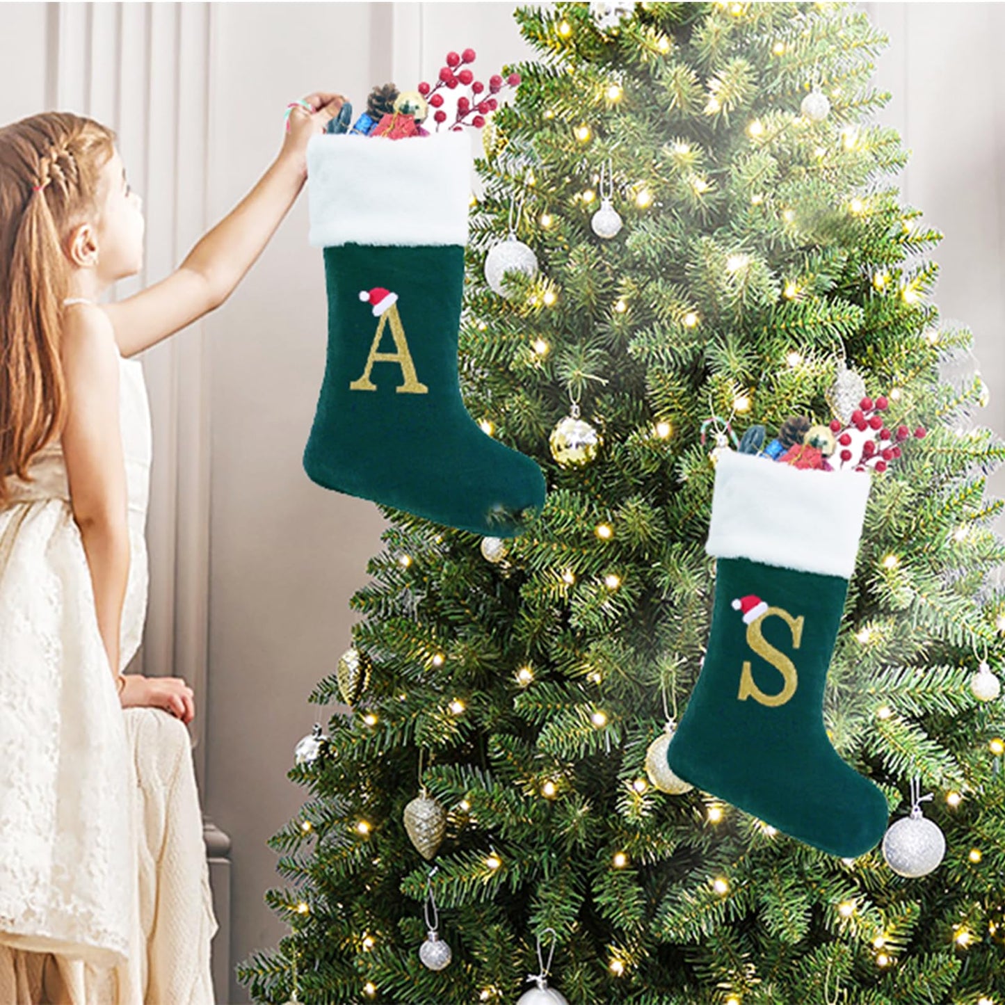 20 Inches Monogram Christmas Stockings with Letters, Large Super Soft Christmas Stockings Blackish Green Velvet with White Super Soft Plush Cuff for Xmas Tree Fireplace Gold Letter R