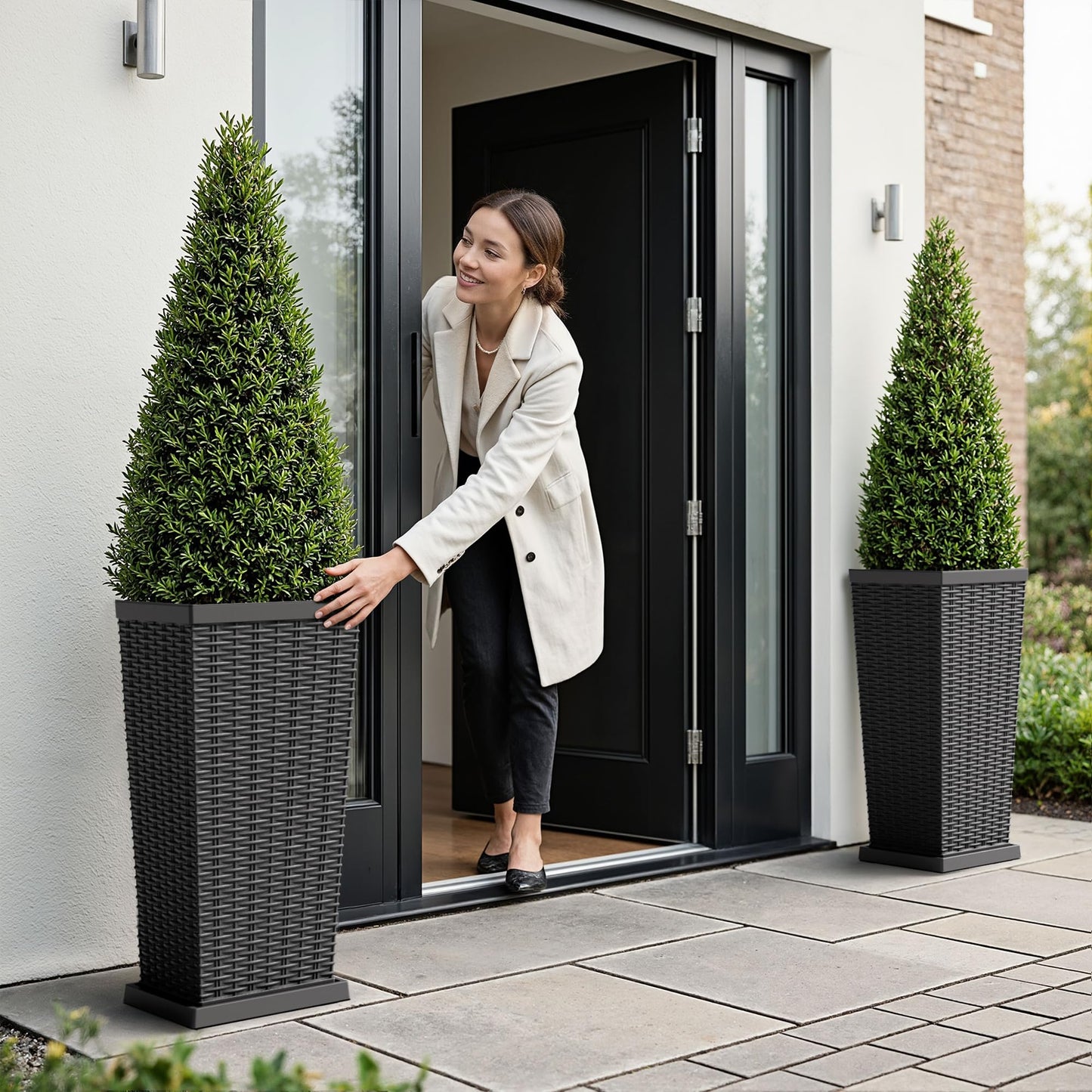 JUMMICO Set of 2 Resin Widened Tapered Planters, Rattan Texture Planters with Drainage Holes and Trays, Outdoor Flowers Pots for Plants, Porch & Patio Decor (Black, 24'' H, Inner & Outer Trays)