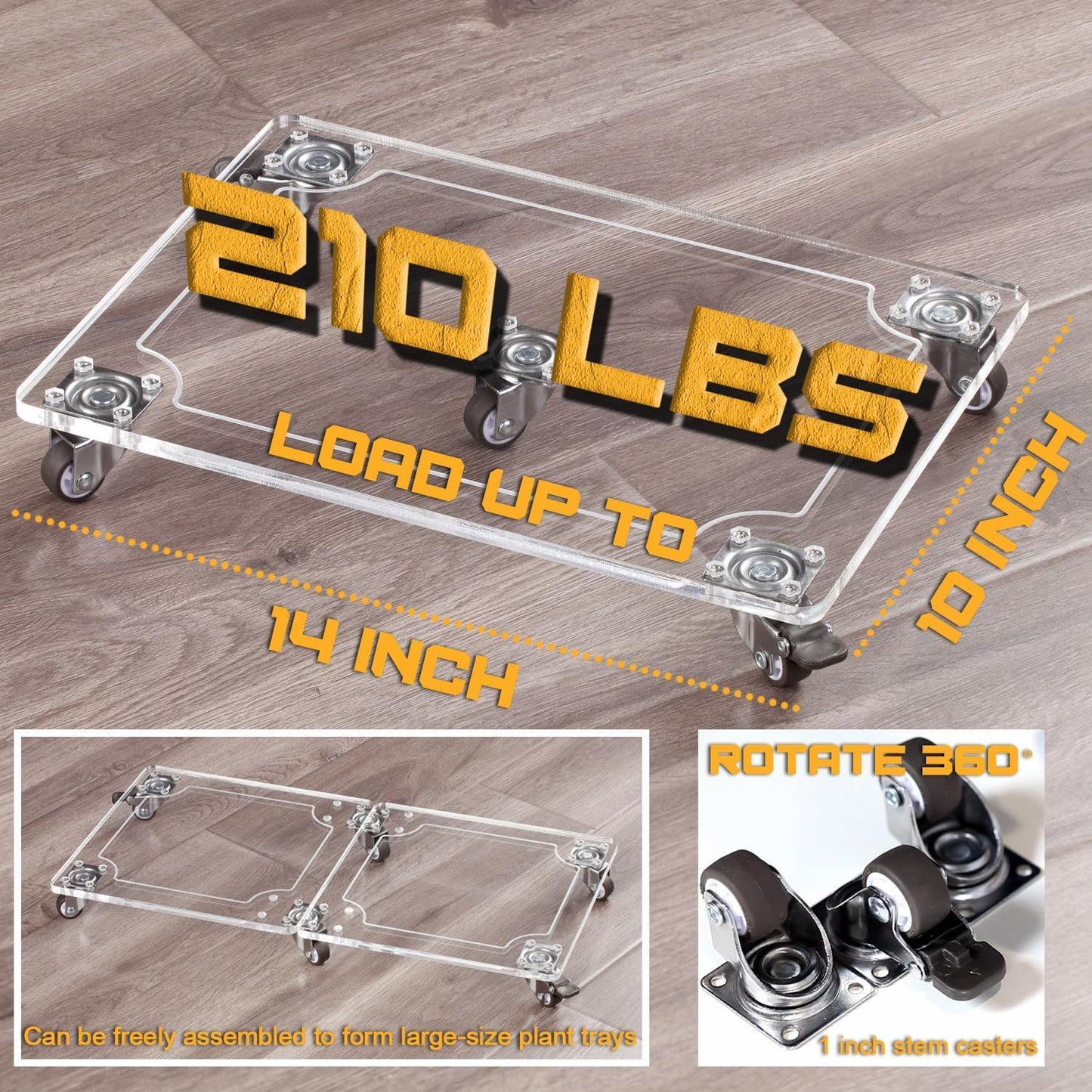 EMCOMS 1PC Transparent Clear Color Plant Caddy 10x14 inch Acrylic Heavy Duty Square Plant Stand with 2 Roller Lockable Caster Wheels,Indoor Outdoor Holds Up 150 Lbs Patio/Flower Pot/Dolly