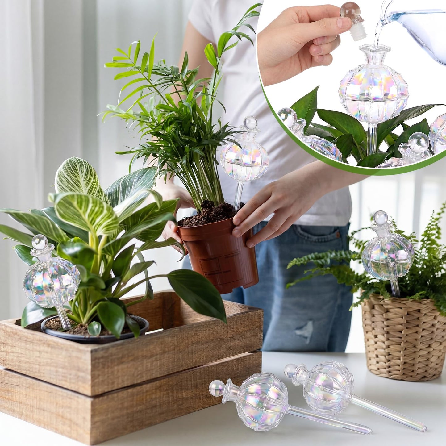 Thenshop 4 Pack 10 oz Large Plant Self Watering Globes Top Fill Glass Cactus Bulbs Iridescent Vacation Plant Slow Release Watering Devices for Indoor Outdoor Planting Lover Gifts